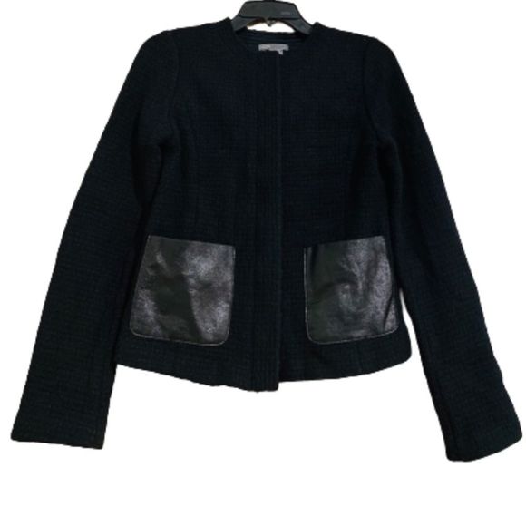 VINCE WOMEN’s Black Woven Wool & Basket Leather Trim Zip Moto Jacket Size 6 - Picture 1 of 6